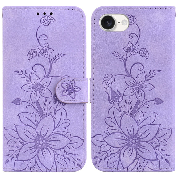 For iPhone 16e Lily Embossed Leather Phone Case(Purple)