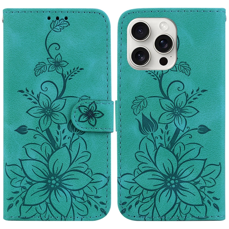 For iPhone 16 Pro Max Lily Embossed Leather Phone Case(Green)