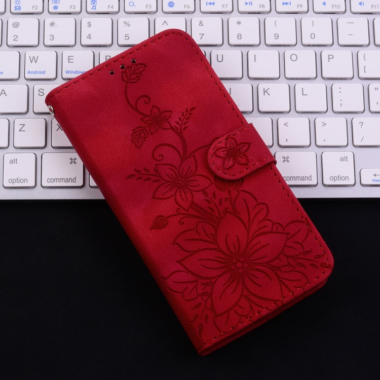 For iPhone 16 Pro Lily Embossed Leather Phone Case(Red)