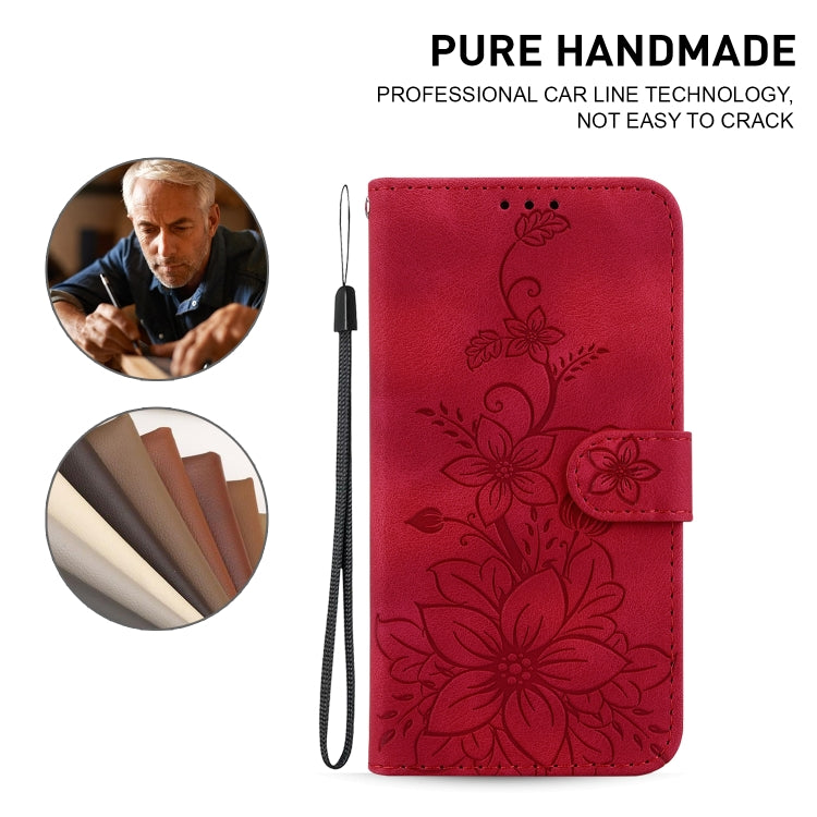 For iPhone 16 Pro Lily Embossed Leather Phone Case(Red)