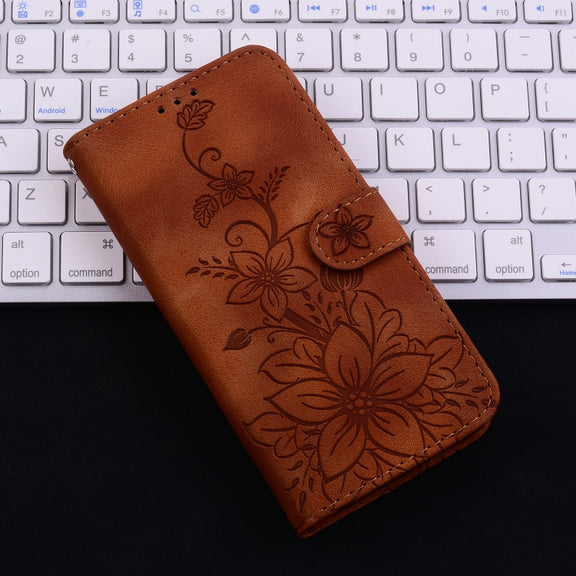 For iPhone 16 Plus Lily Embossed Leather Phone Case(Brown)