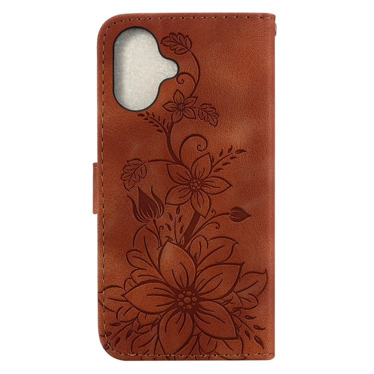 For iPhone 16 Plus Lily Embossed Leather Phone Case(Brown)