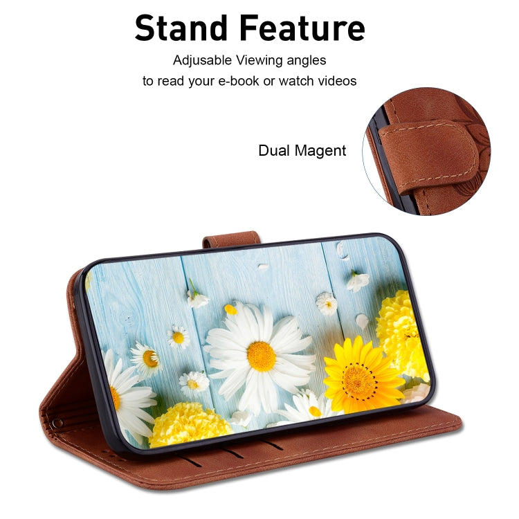 For iPhone 16 Plus Lily Embossed Leather Phone Case(Brown)