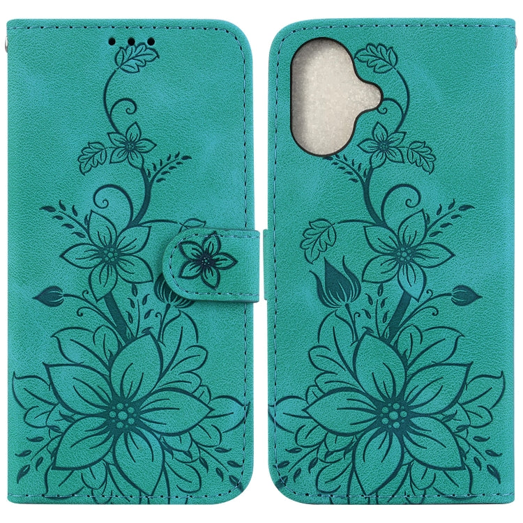 For iPhone 16 Lily Embossed Leather Phone Case(Green)
