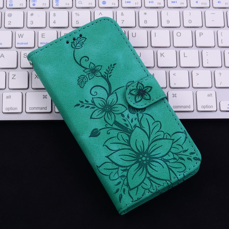 For iPhone 16 Lily Embossed Leather Phone Case(Green)