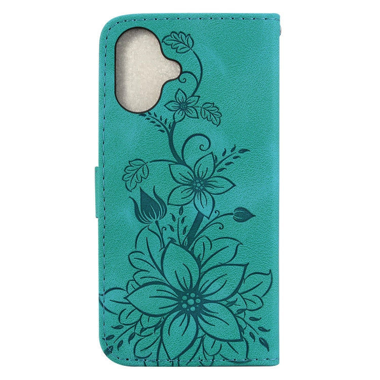 For iPhone 16 Lily Embossed Leather Phone Case(Green)