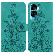 For Honor 90 Lite Lily Embossed Leather Phone Case(Green)