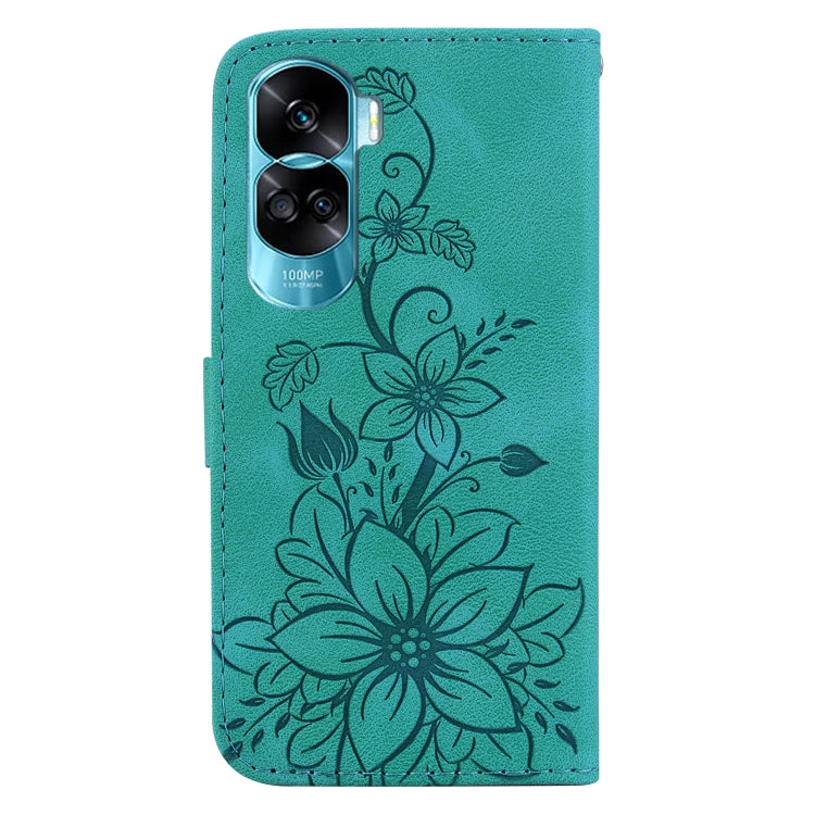 For Honor 90 Lite Lily Embossed Leather Phone Case(Green)