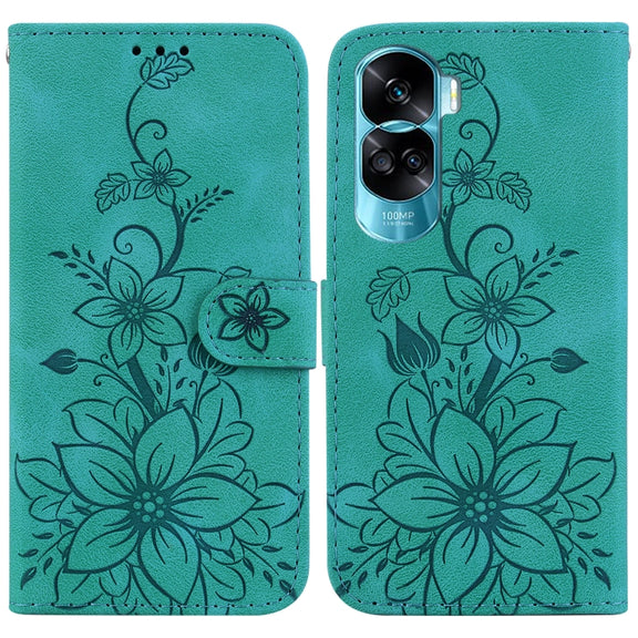 For Honor 90 Lite Lily Embossed Leather Phone Case(Green)