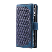 For iPhone 16 Pro Max Grid Texture Zipper Leather Phone Case with Lanyard(Blue)