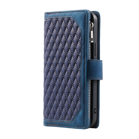 For iPhone 16 Pro Max Grid Texture Zipper Leather Phone Case with Lanyard(Blue)