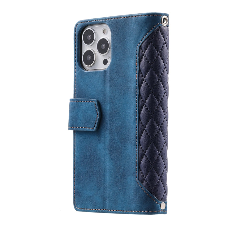 For iPhone 16 Pro Max Grid Texture Zipper Leather Phone Case with Lanyard(Blue)