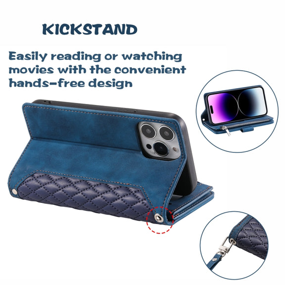 For iPhone 16 Pro Max Grid Texture Zipper Leather Phone Case with Lanyard(Blue)