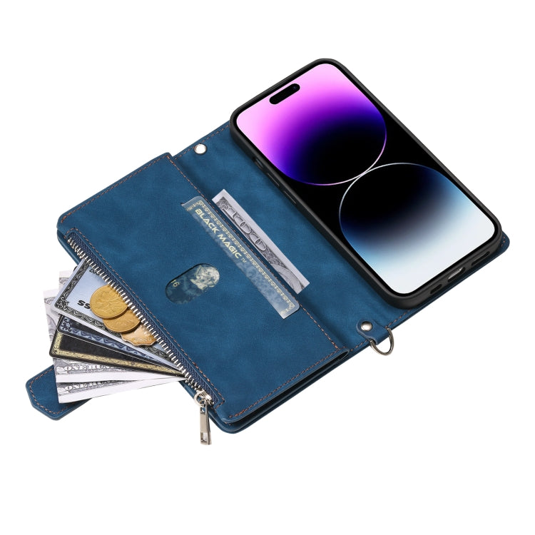For iPhone 16 Pro Max Grid Texture Zipper Leather Phone Case with Lanyard(Blue)