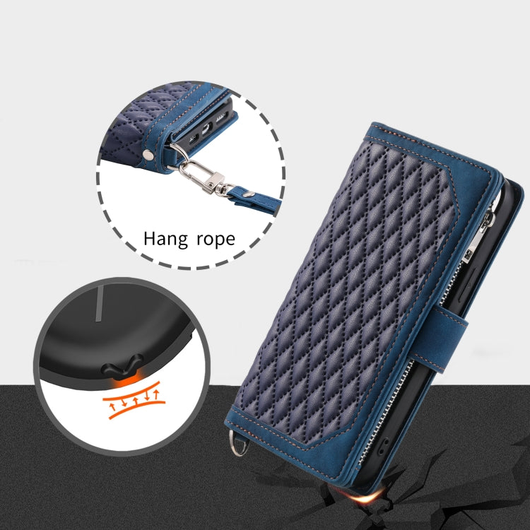For iPhone 16 Pro Max Grid Texture Zipper Leather Phone Case with Lanyard(Blue)