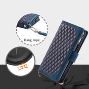 For iPhone 16 Pro Max Grid Texture Zipper Leather Phone Case with Lanyard(Blue)