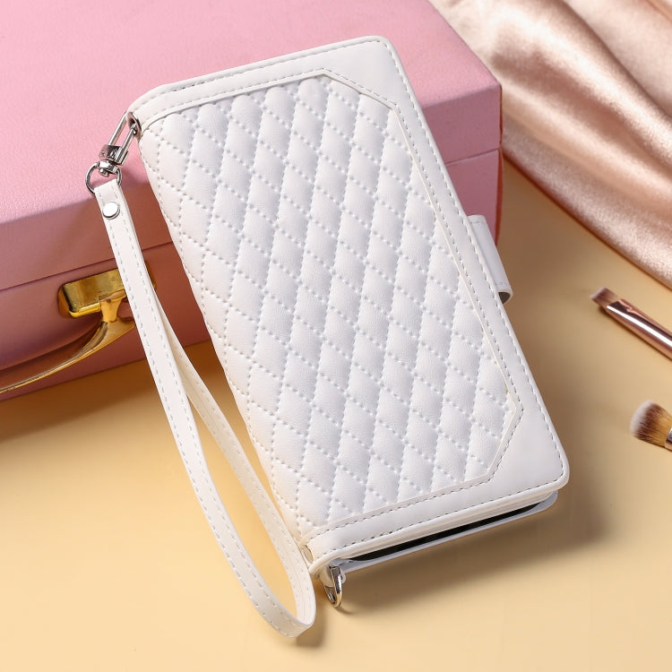 For iPhone 16 Pro Grid Texture Zipper Leather Phone Case with Lanyard(White)
