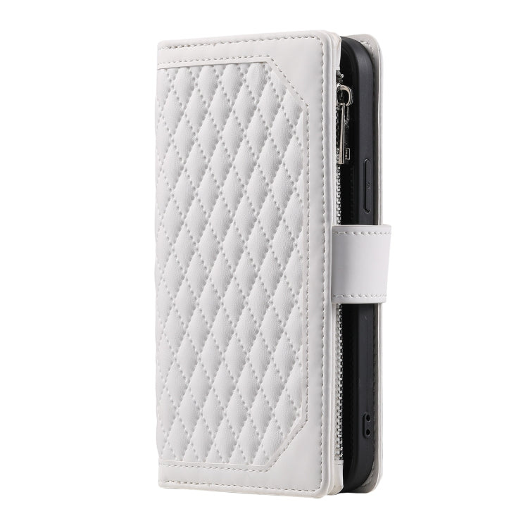 For iPhone 16 Pro Grid Texture Zipper Leather Phone Case with Lanyard(White)