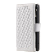 For iPhone 16 Pro Grid Texture Zipper Leather Phone Case with Lanyard(White)