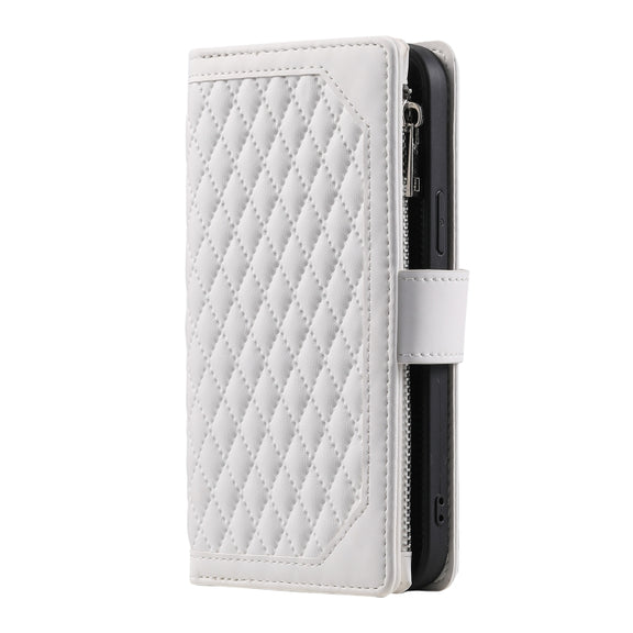 For iPhone 16 Pro Grid Texture Zipper Leather Phone Case with Lanyard(White)