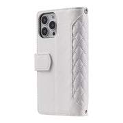 For iPhone 16 Pro Grid Texture Zipper Leather Phone Case with Lanyard(White)