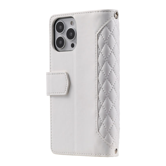 For iPhone 16 Pro Grid Texture Zipper Leather Phone Case with Lanyard(White)
