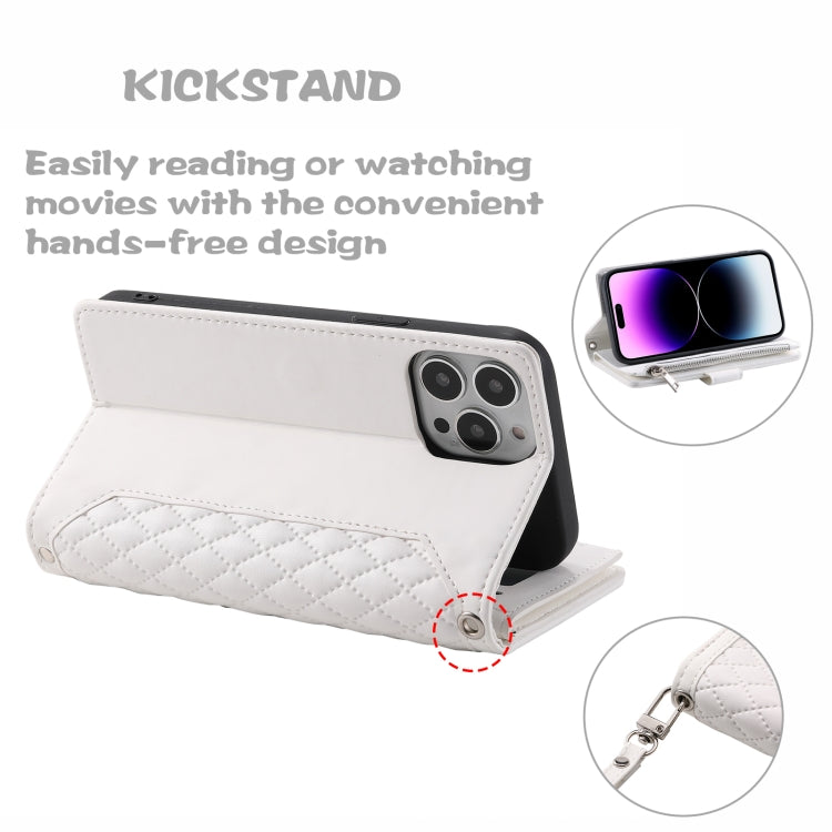 For iPhone 16 Pro Grid Texture Zipper Leather Phone Case with Lanyard(White)