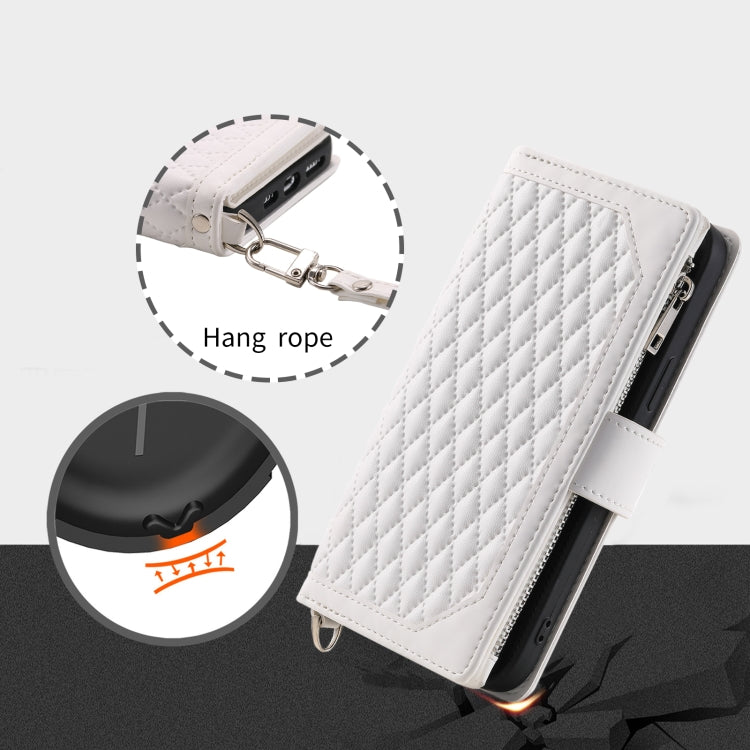 For iPhone 16 Pro Grid Texture Zipper Leather Phone Case with Lanyard(White)