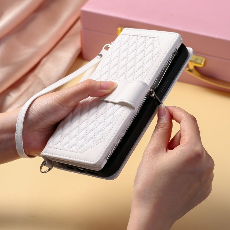 For iPhone 16 Pro Grid Texture Zipper Leather Phone Case with Lanyard(White)