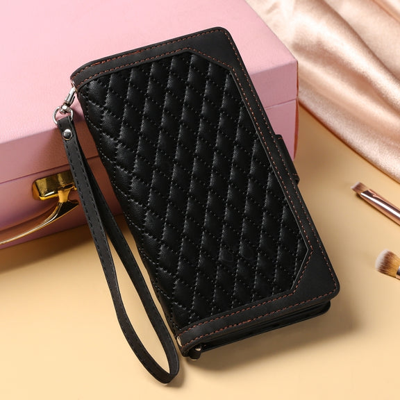 For iPhone 16 Plus Grid Texture Zipper Leather Phone Case with Lanyard(Black)