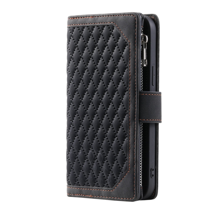 For iPhone 16 Plus Grid Texture Zipper Leather Phone Case with Lanyard(Black)