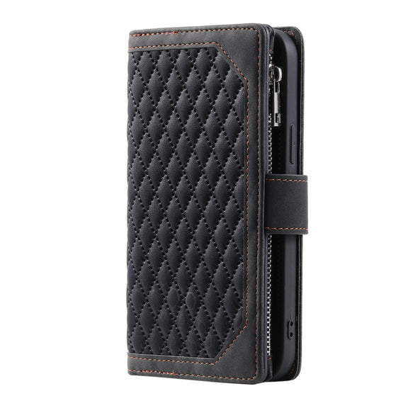 For iPhone 16 Plus Grid Texture Zipper Leather Phone Case with Lanyard(Black)