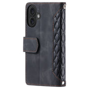 For iPhone 16 Plus Grid Texture Zipper Leather Phone Case with Lanyard(Black)