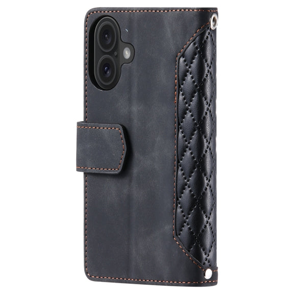 For iPhone 16 Plus Grid Texture Zipper Leather Phone Case with Lanyard(Black)