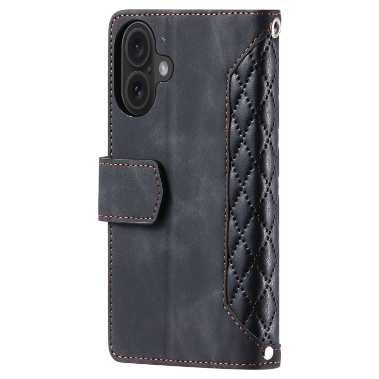 For iPhone 16 Plus Grid Texture Zipper Leather Phone Case with Lanyard(Black)