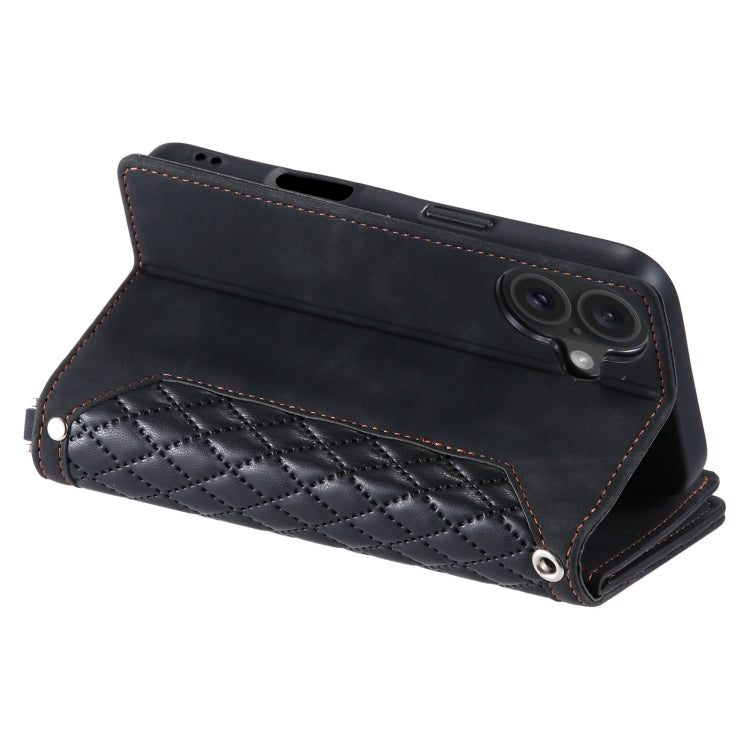 For iPhone 16 Plus Grid Texture Zipper Leather Phone Case with Lanyard(Black)