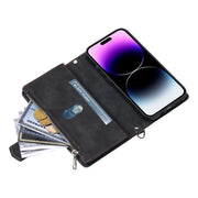 For iPhone 16 Plus Grid Texture Zipper Leather Phone Case with Lanyard(Black)
