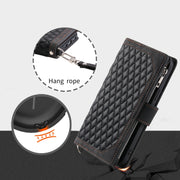 For iPhone 16 Plus Grid Texture Zipper Leather Phone Case with Lanyard(Black)
