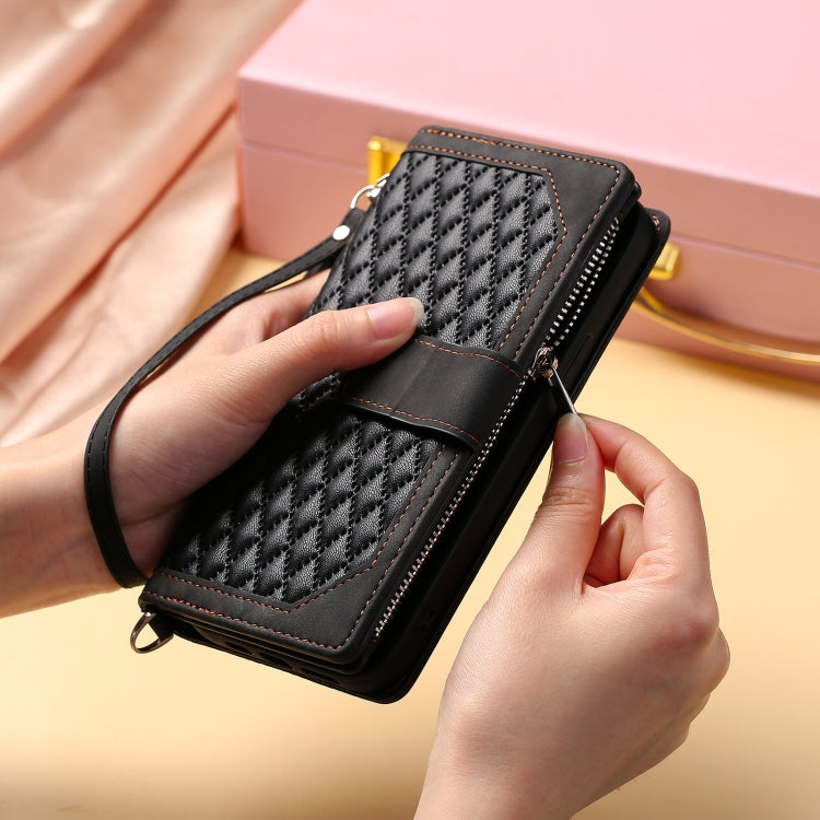 For iPhone 16 Plus Grid Texture Zipper Leather Phone Case with Lanyard(Black)