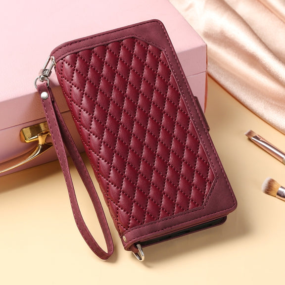 For iPhone 16 Grid Texture Zipper Leather Phone Case with Lanyard(Wine Red)