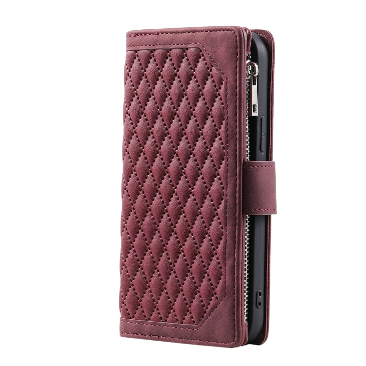 For iPhone 16 Grid Texture Zipper Leather Phone Case with Lanyard(Wine Red)
