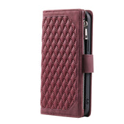 For iPhone 16 Grid Texture Zipper Leather Phone Case with Lanyard(Wine Red)
