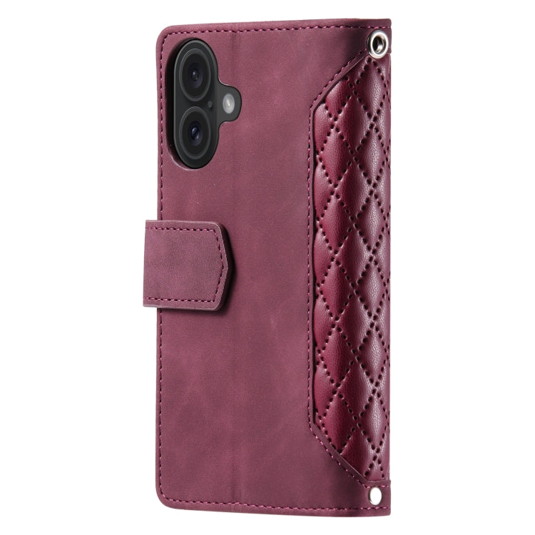 For iPhone 16 Grid Texture Zipper Leather Phone Case with Lanyard(Wine Red)