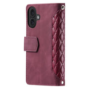 For iPhone 16 Grid Texture Zipper Leather Phone Case with Lanyard(Wine Red)