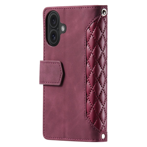 For iPhone 16 Grid Texture Zipper Leather Phone Case with Lanyard(Wine Red)