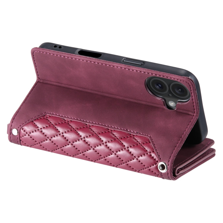 For iPhone 16 Grid Texture Zipper Leather Phone Case with Lanyard(Wine Red)