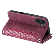 For iPhone 16 Grid Texture Zipper Leather Phone Case with Lanyard(Wine Red)
