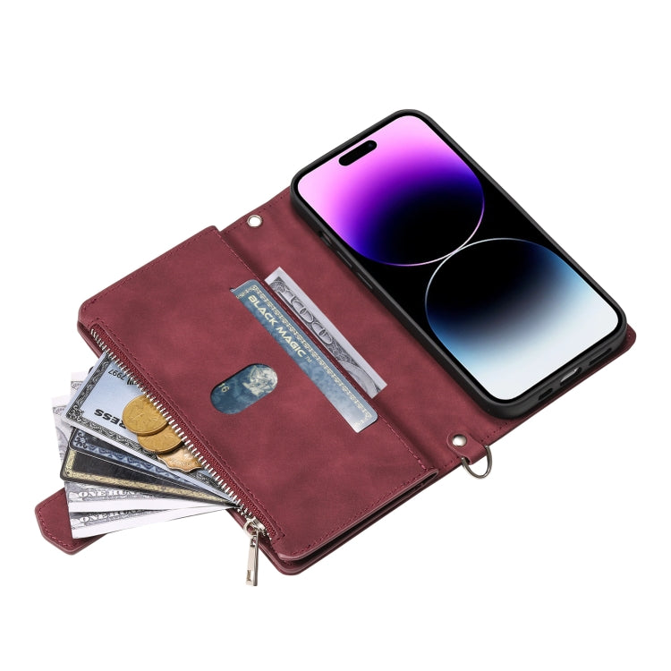 For iPhone 16 Grid Texture Zipper Leather Phone Case with Lanyard(Wine Red)
