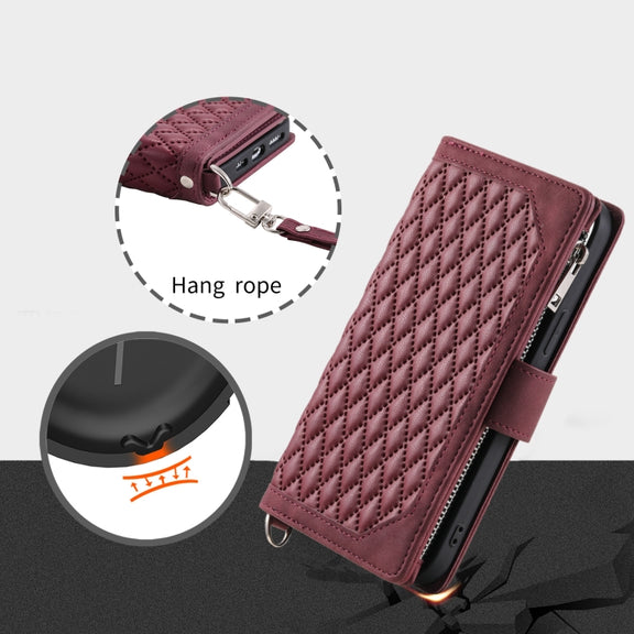For iPhone 16 Grid Texture Zipper Leather Phone Case with Lanyard(Wine Red)