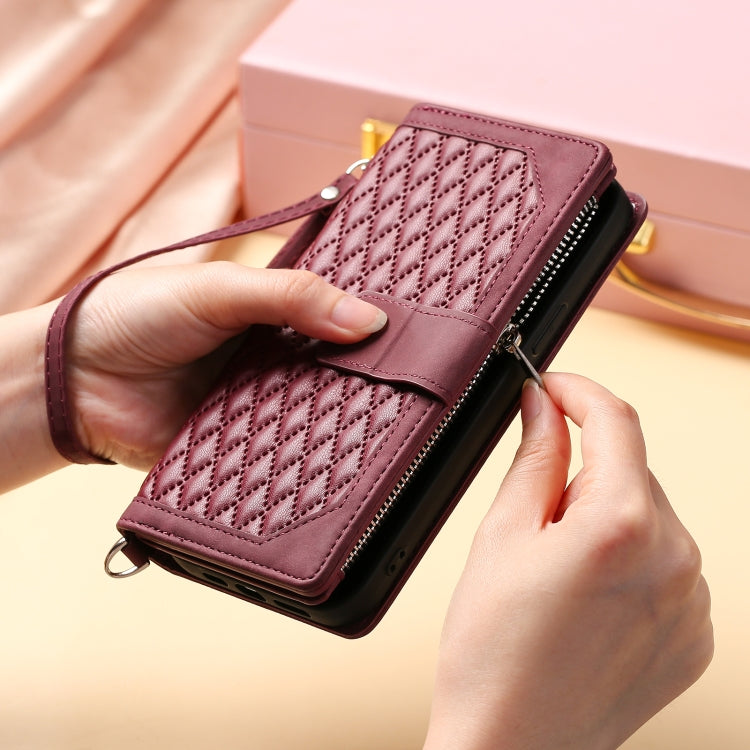 For iPhone 16 Grid Texture Zipper Leather Phone Case with Lanyard(Wine Red)